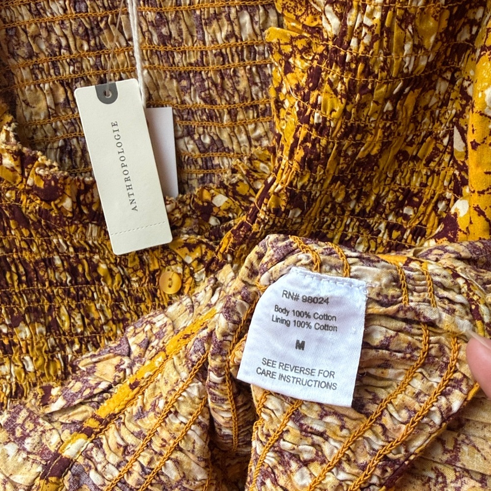 Love The Label Abstract Smocked Blouse Anthropologie Puff Sleeve Cotton Batik M - Picture 13 of 15